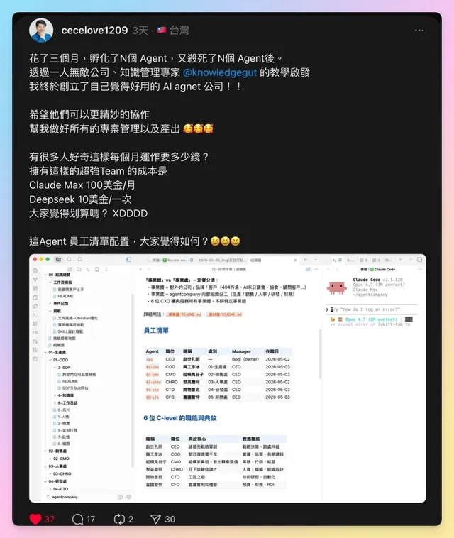 SHAPE 知識管理 PKM 課程學員林渤浚 Threads 公開見證——透過知識包小腸 SHAPE PKM 課程教學啟發,創立自己的 AI agent 公司(6 位 CXO 配置 + Obsidian + Claude Code)