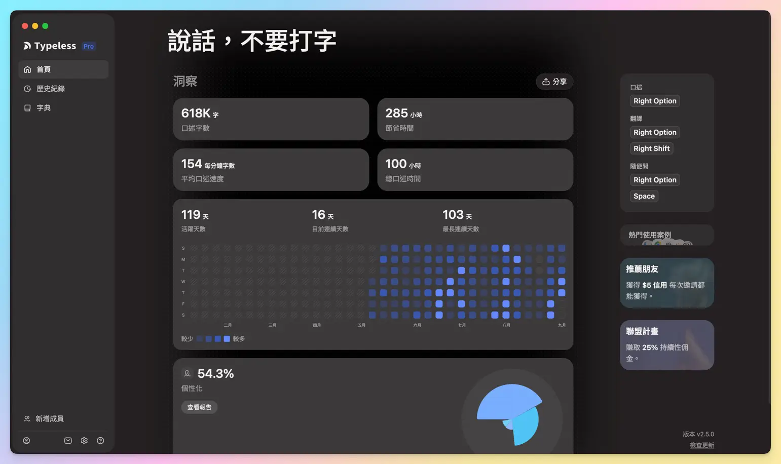 Typeless 後台洞察數據:618K 口述字數、285 小時節省時間、154 字每分鐘、119 活躍天