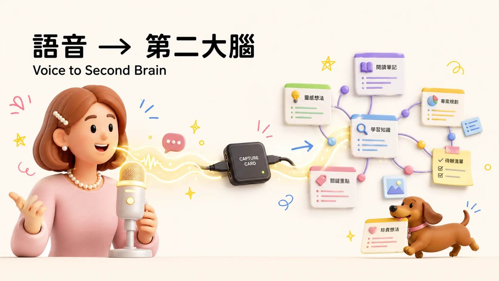 語音輸入接第二大腦知識庫示意圖,Typeless 語音轉成連結的知識卡片(知識包小腸 3D 品牌插圖)