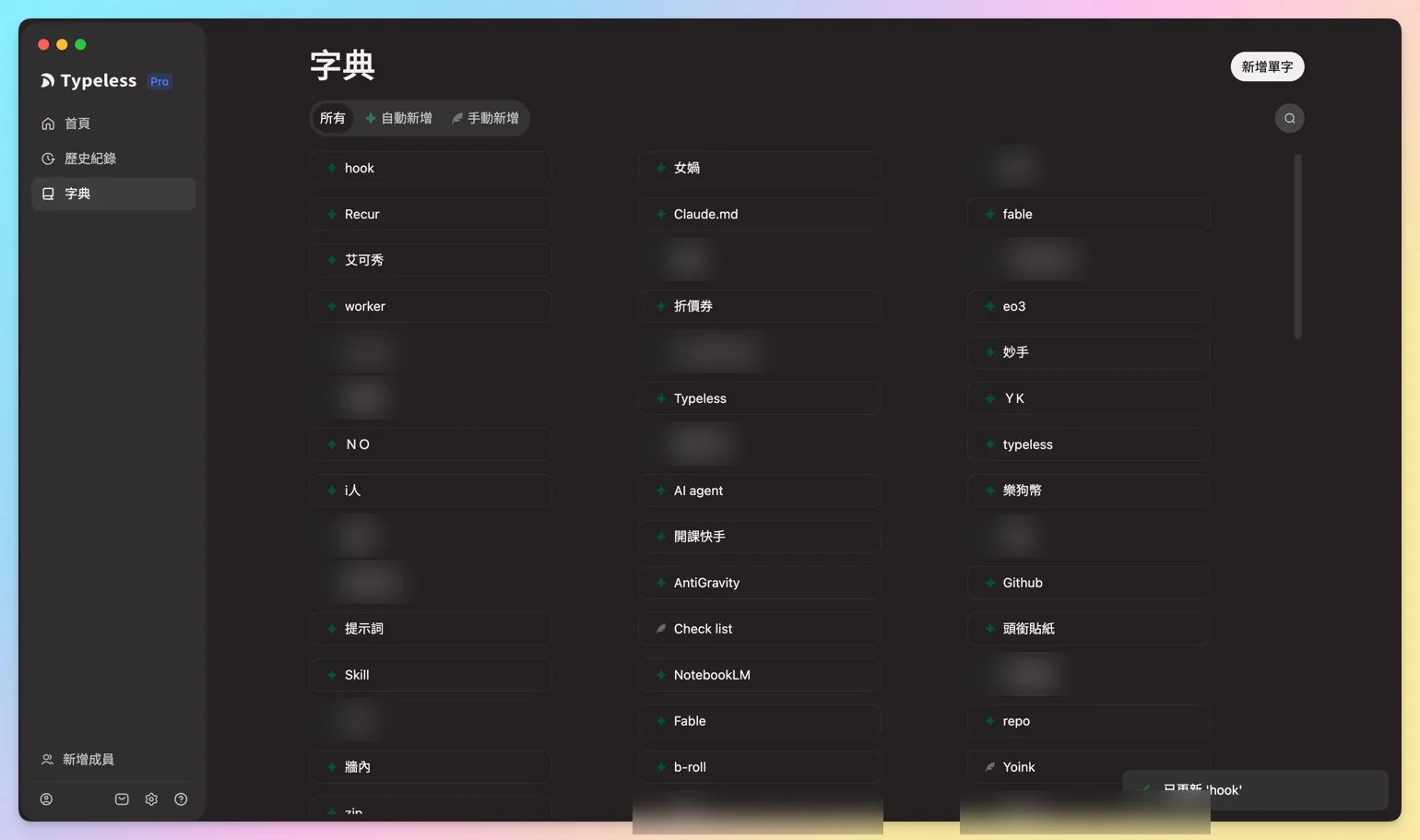 Typeless 個人字典設定頁面,收錄專有名詞、品牌詞與縮寫,部分私人詞已打碼(實測截圖)